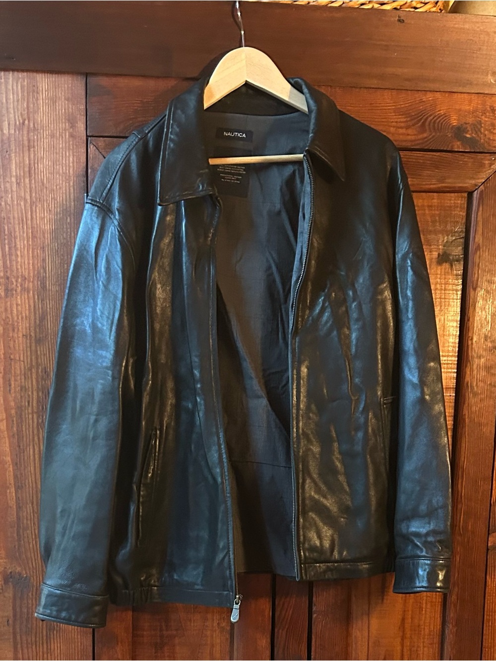 Nautica Black Leather Bomber Jacket